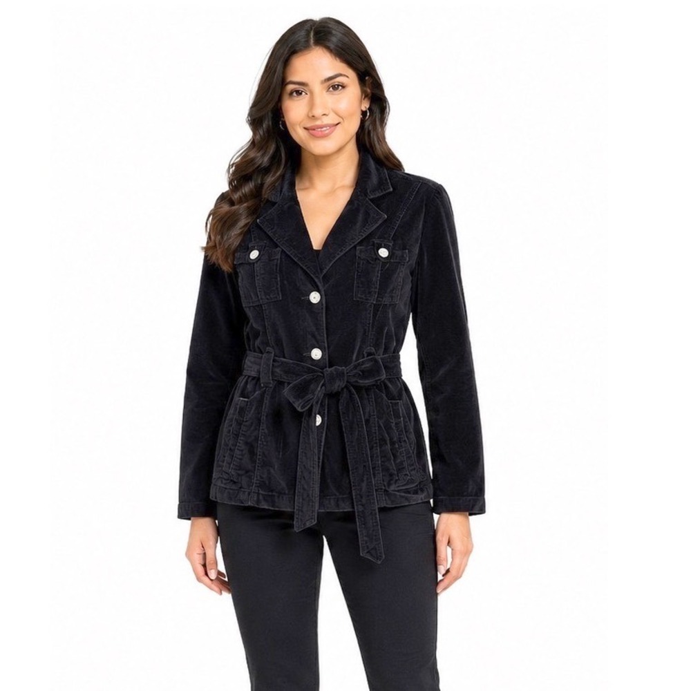 French Cuff Black Corduroy Belted Utility Jacket L Cotton Blazer Chic 112-03